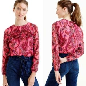 J Crew Pink Paisley Silk long Sleeve Ruffle Blouse